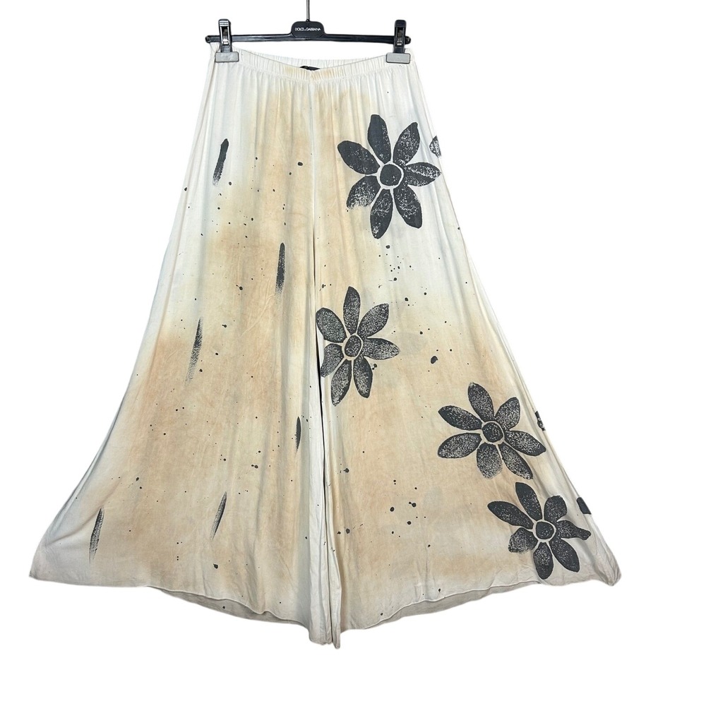 Y2K T-Party Super Wide Yoga Pants Womens Medium Palazzo Cream Floral Tie Dye